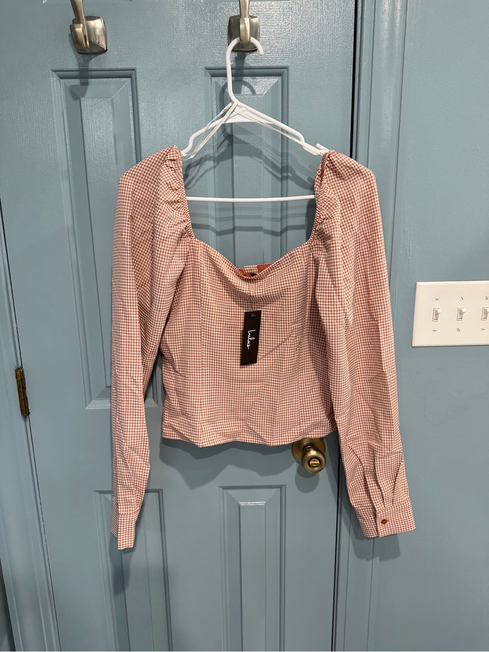 Lulu's Rust and Cream Checked Button-Front Square Neck Blouse - Picture 2 of 2